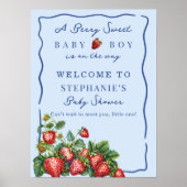 Poster Whimsical Strawberry Blue Baby Shower Welcome Sign (Devant)