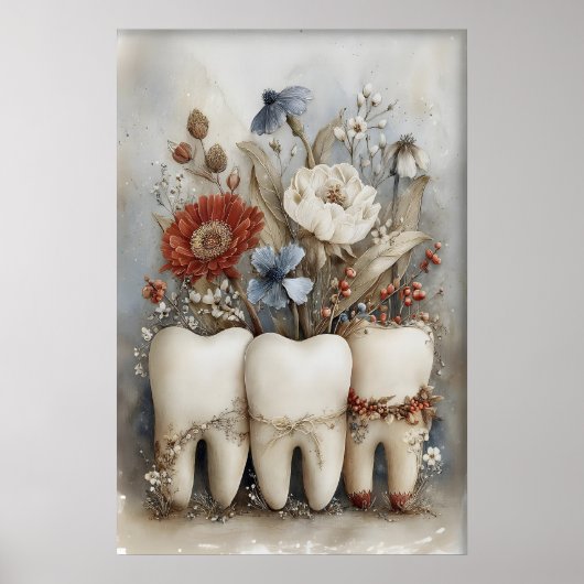 Poster Whimsical Three Teeth Print, Floral Tooth Nursery (Devant)