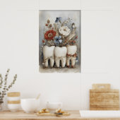 Poster Whimsical Three Teeth Print, Floral Tooth Nursery (Cuisine)