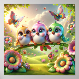 Poster Whimsical Trio of Springtime Songbirds