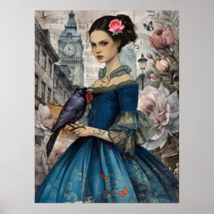 Poster Whimsical Victorian Gothic Girl & Florals Londres