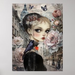 Poster Whimsical Victorian Gothic Girl & Florals Londres