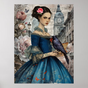 Poster Whimsical Victorian Gothic Girl & Florals Londres