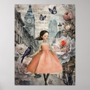 Poster Whimsical Victorian Gothic Girl & Florals Londres
