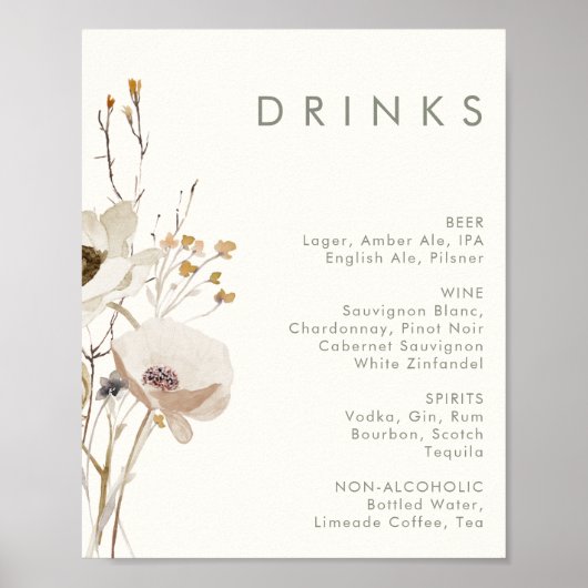 Poster Whimsical Wildflower Ivory Wedding Drinks Menu (Devant)