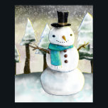 Poster Whimsman de neige en Dessin de Noël d'hiver<br><div class="desc">Une affiche avec un dessin mignon montrant un bonhomme de neige portant un chapeau et un foulard cool. L'arrière - plan a une ligne de pins blancs recouverts de neige.</div>