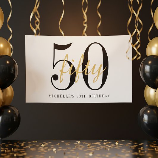 Poster White 50th Birthday Party Black Gold Chic