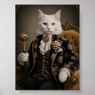 Poster White Cat Aristocrat Portrait Print, Victorian Cat