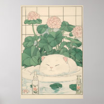 White Cat Bathtub Print, Ukiyo-e Japanese Art