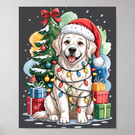 Poster White English Golden Retriever Santa Hat Christmas (Devant)