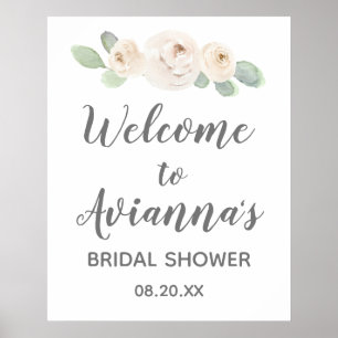 Poster White Floral Botanical Bridal Shower Welcome Sign