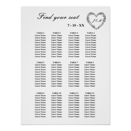 Poster White Floral Heart 12 Table Wedding Table Setting (Devant)