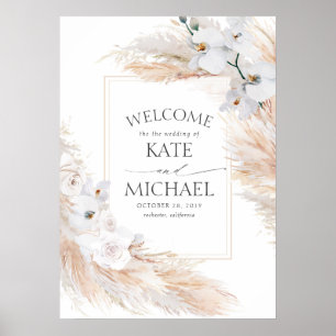 Poster White Floral Pampas Grass Mariage Tropical Bienven
