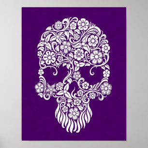 Poster White Flowers and Vines Skull Design on Purple