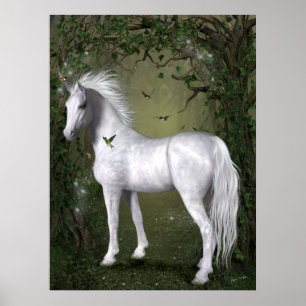 Poster White Horse in the Woods with Hummingbirds Print