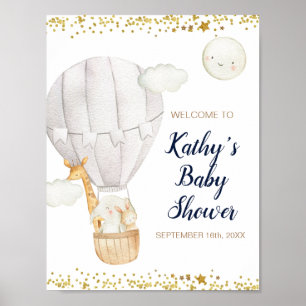 Poster White Hot air Balloon Jungle Baby shower Bienvenue