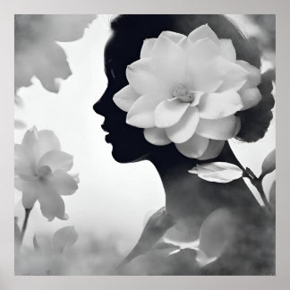 Poster White Magnolia Dreamy Girl Modern Black & White