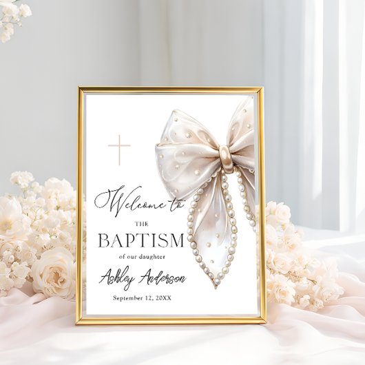 Poster White Pearl Bow Baptism Welcome 