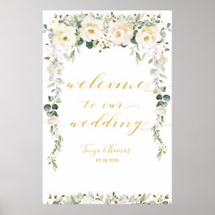 Poster White Peony Epiphany Gold Calligraphie Bienvenue