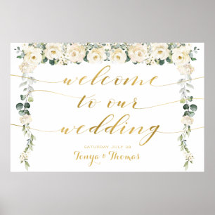 Poster White Peony Gold Calligraphy Bienvenue Au Mariage