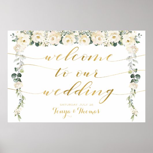 Poster White Peony Gold Calligraphy Bienvenue Au Mariage (Devant)