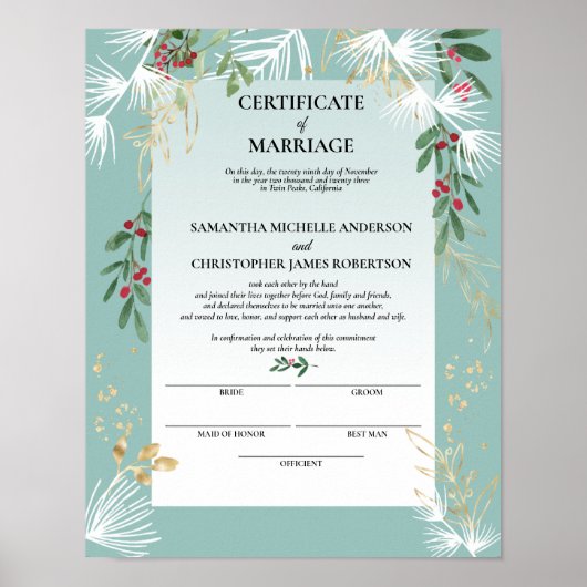 Poster White Pine Holly Certificat de mariage hivernal (Devant)