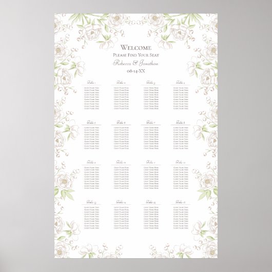 Poster White Rose Classic Wedding Seating Chart (Devant)
