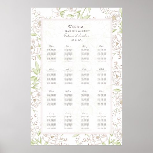 Poster White Rose Classic Wedding Seating Chart (Devant)