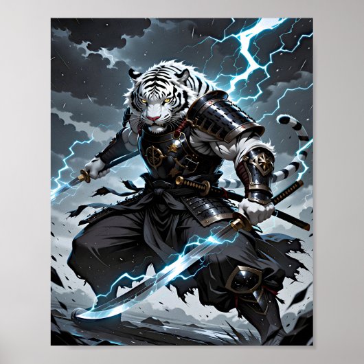 Poster White Tiger Samurai Warrior Blue Lightning Fantasy (Devant)