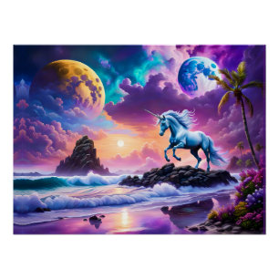 Poster White Unicorn Imaginaire Tropical Beach
