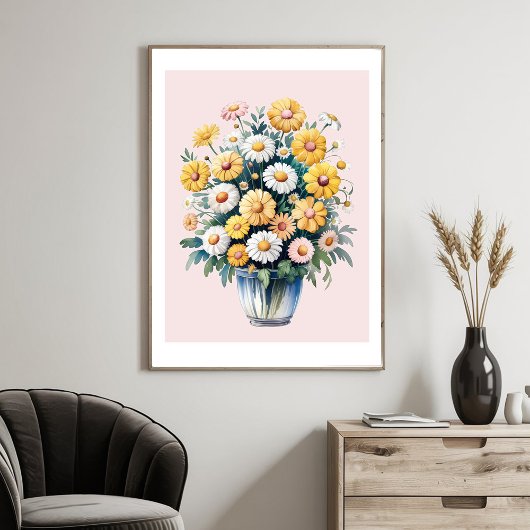 Poster White yellow watercolor daisy bouquet             