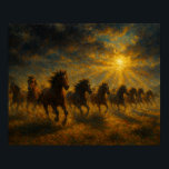 Poster Wild Horses Running<br><div class="desc">A stunning horizontal landscape featuring a herd of horses galloping through a misty,  golden sunrise.</div>