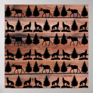 Poster Wild Moose Wolf Wilderness Mountain Cabin Rustic