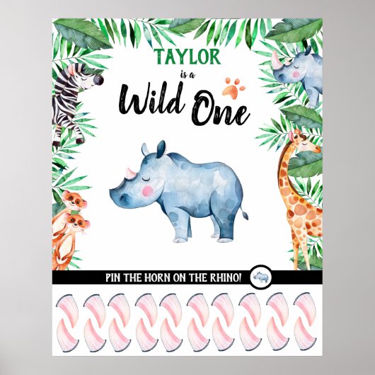 Poster Wild One Game Safari Rhino 1er Anniversaire Jungle (Devant)