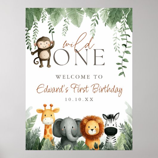 Poster Wild One Jungle 1st Birthday Welcome Sign (Devant)