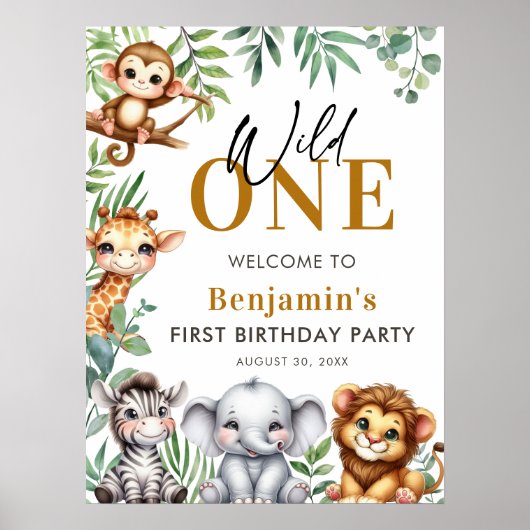 Poster Wild One Safari Animaux Garçon 1er anniversaire Bi (Devant)