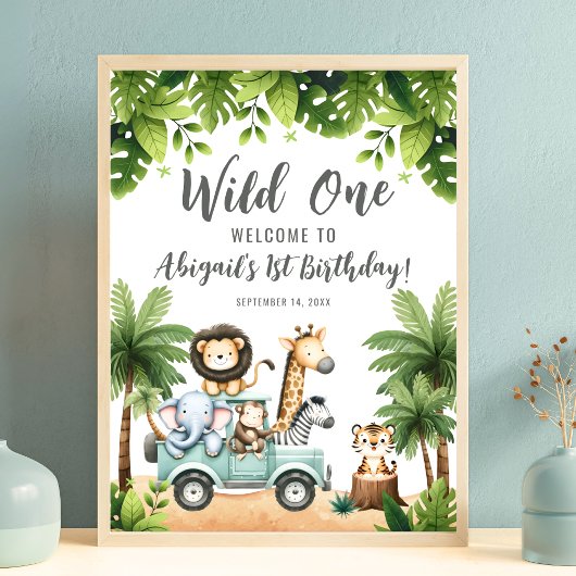 Poster Wild One Safari Jungle 1st Birthday Welcome Sign