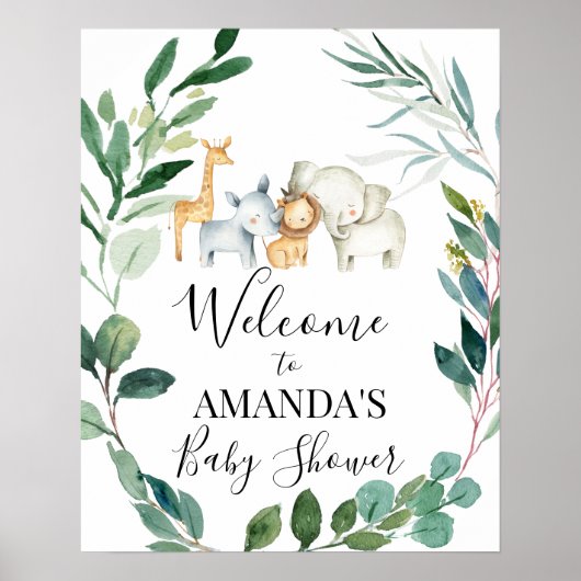 Poster Wild Safari Foliage Wreath Baby shower Bienvenue (Devant)