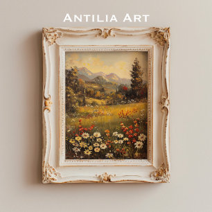 Poster Wildflower Meadow Painting Mountain Landscape