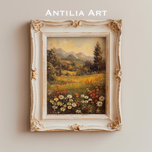 Poster Wildflower Meadow Painting Mountain Landscape