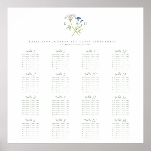 Poster Wildflower monogram green wedding 16 table seating (Devant)