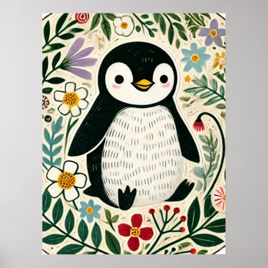 Poster Wildflower Penguin Lovers Illustration (Devant)