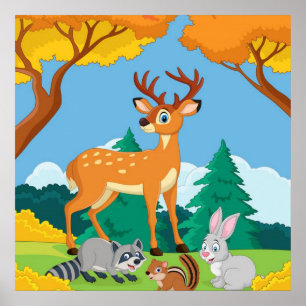 Poster Wildlife Raccoon Chipmunk Rabbit Deer Fall Landsca