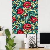 Poster William Morris Inspired Red Flowers Pattern (Bureau à domicile)
