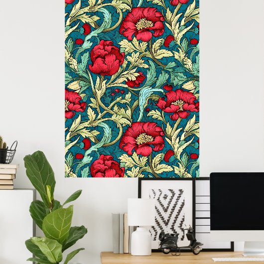 Poster William Morris Inspired Red Flowers Pattern (Bureau à domicile)