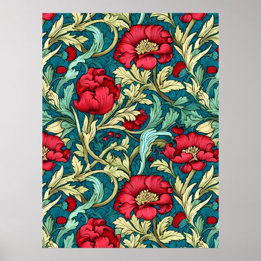 Poster William Morris Inspired Red Flowers Pattern (Devant)