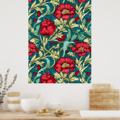 Poster William Morris Inspired Red Flowers Pattern (Cuisine)