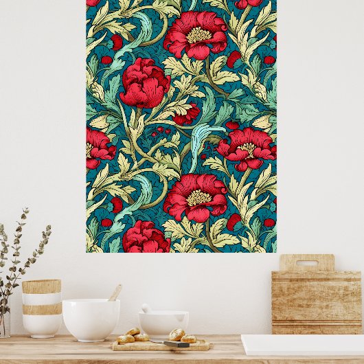 Poster William Morris Inspired Red Flowers Pattern (Cuisine)