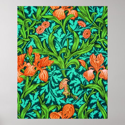 Poster William Morris Irises, orange et turquoise (Devant)