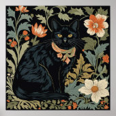 Poster William Morris Style Black Cute Chat Botanique (Devant)